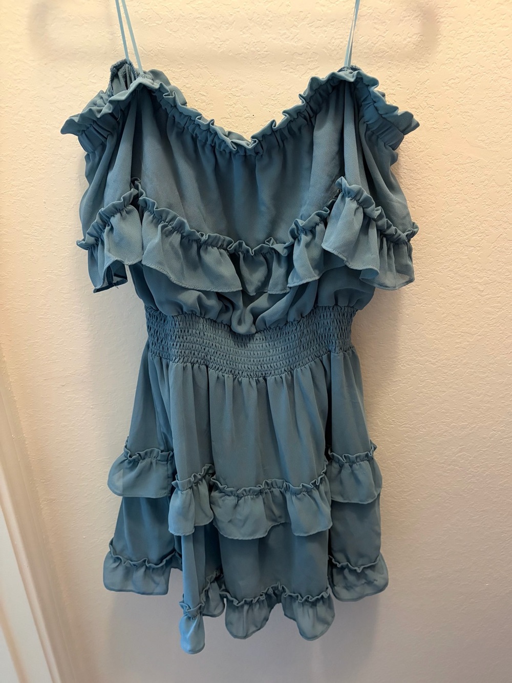 Pink Lily Slate Blue Off-the-Shoulder Ruffle Mini Dress Size Medium